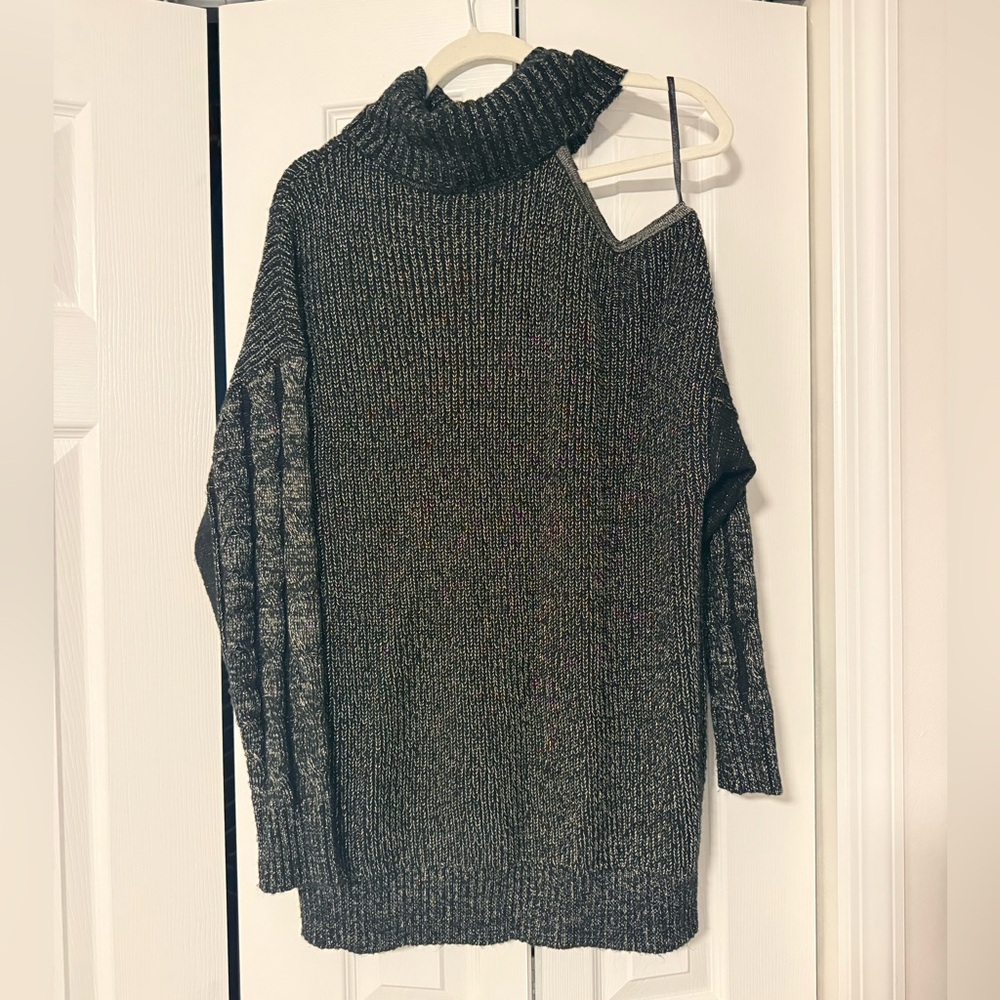 Metallic black and gold cold shoulder cable knit sweater